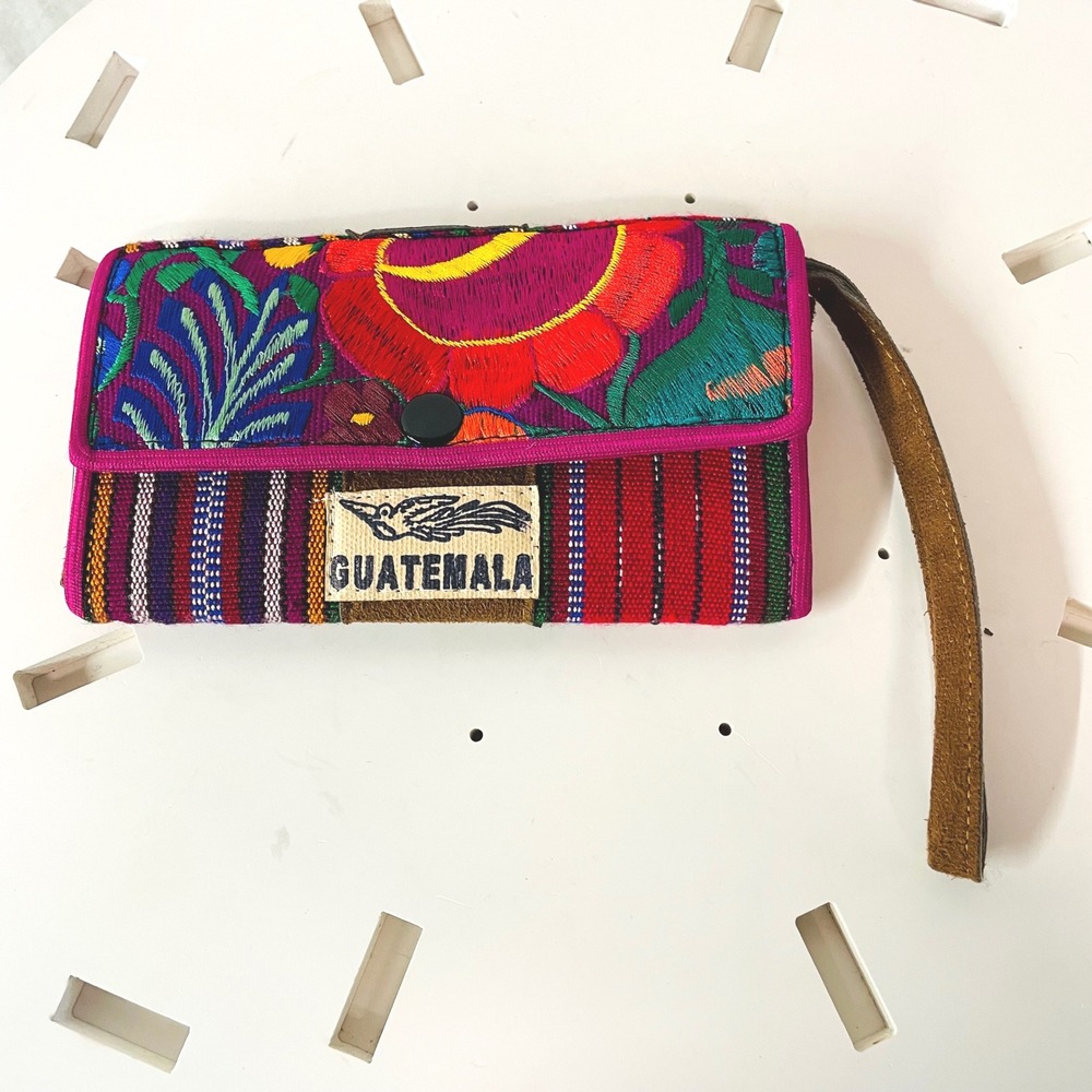 Guatemala Embroidered Floral‎ Fabric Clutch Wallet Wristlet Pouch Womens